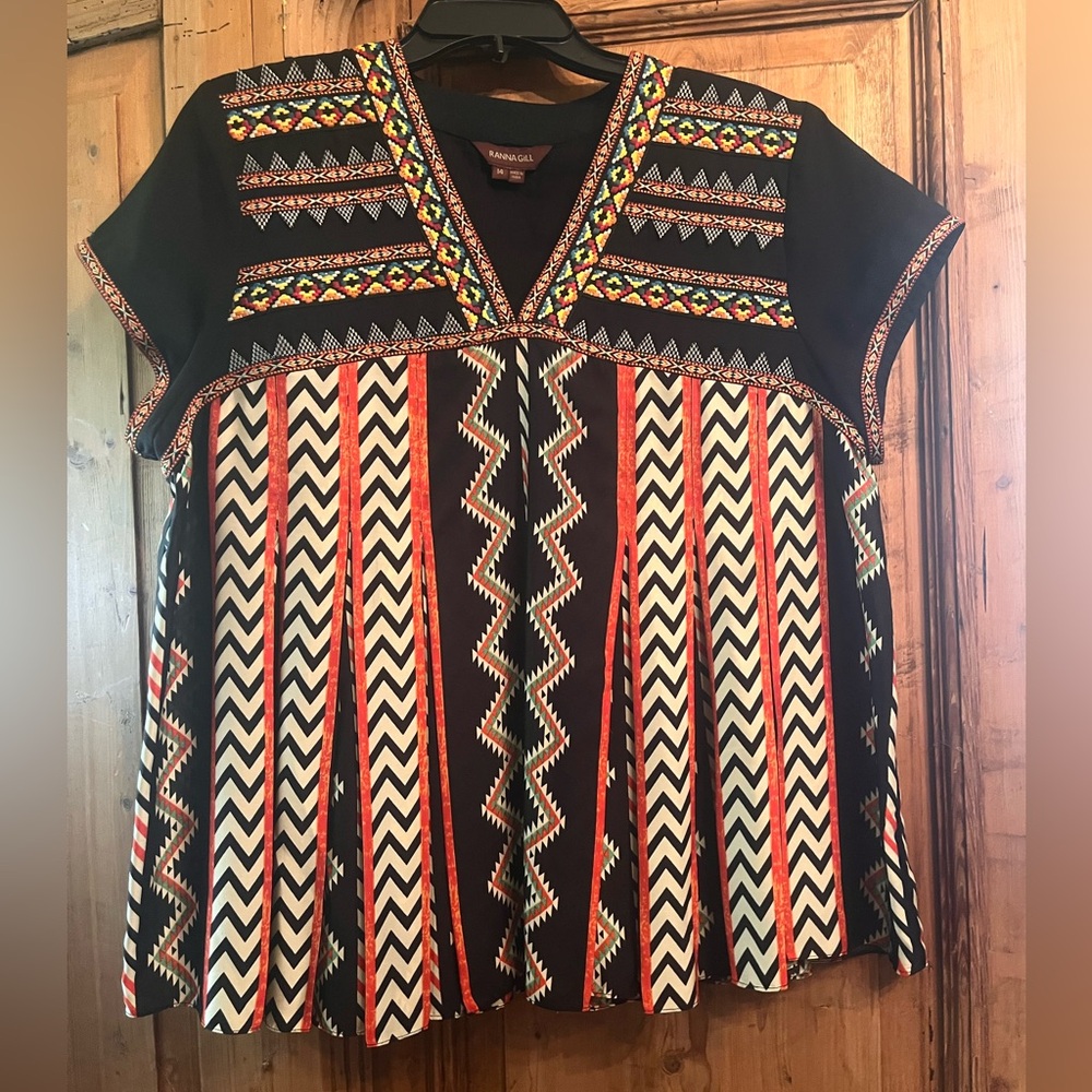 Ranna Gill / for Anthropologie..Black Top with Multicolor Geometric Accents
